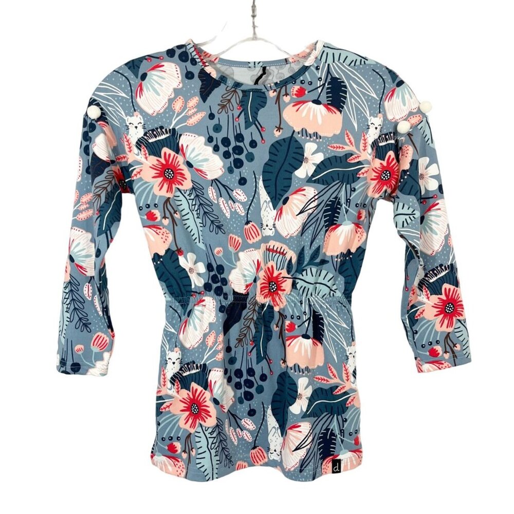 Deux Nar Deux Woodland Floral‎ Print Pom Pom Long Sleeve Shirt Girls Size 7